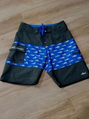 Pelagic Youth 27 Blue Ocean Fish Ridgemont Swim Board Shorts EUC 12/14